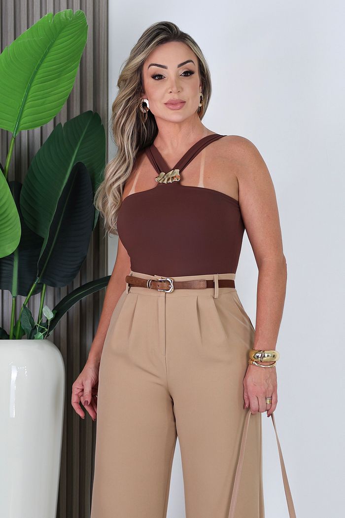 BODY FRENTE ÚNICA C/ FIVELA DOURADA ROSANE - MARROM