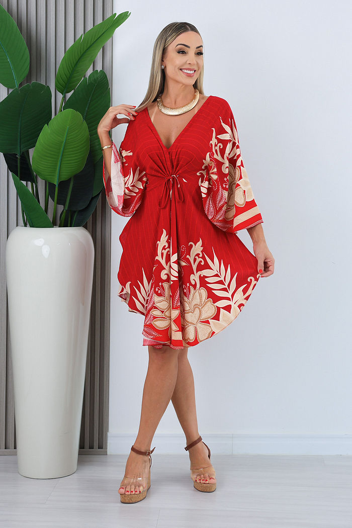 VESTIDO AMPLO REGULÁVEL BETI - FUNDO VERMELHO