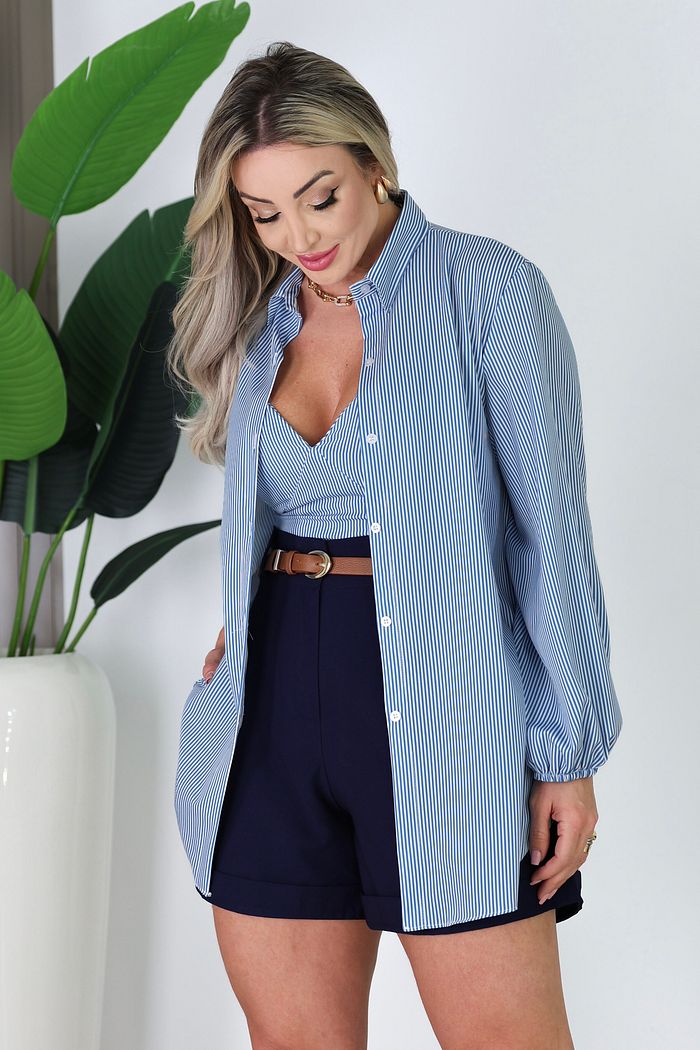 CONJUNTO CROPPED E CAMISÃO TARSILA - AZUL JEANS