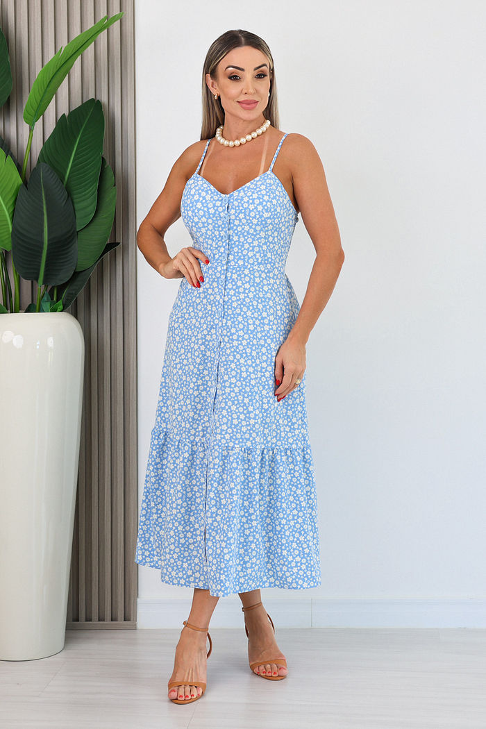 VESTIDO LONGUETE ALÇA FINA SUELI - AZUL BEBÊ