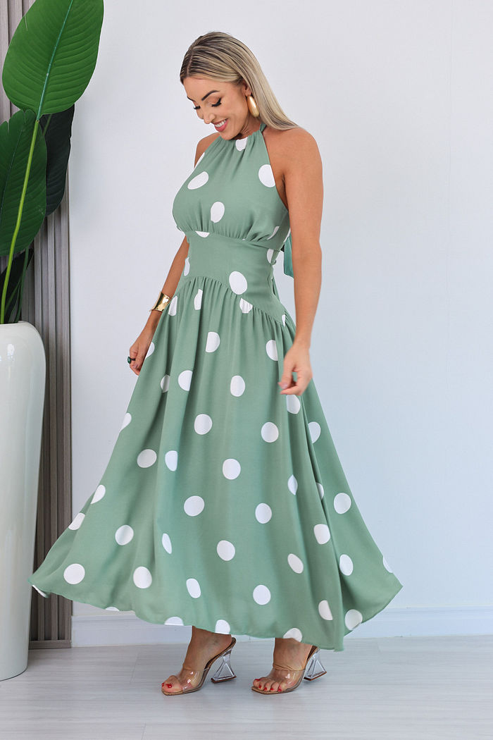 VESTIDO LONGUETE C/ AMARRAÇÃO JEANI - MENTA C/ POA