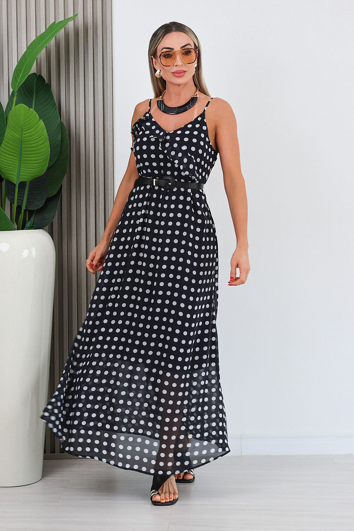 VESTIDO LONGO PRETO C/ POÁ CÁSSIA