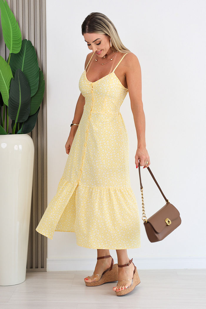 VESTIDO LONGUETE ALÇA FINA AMARELO SUELI