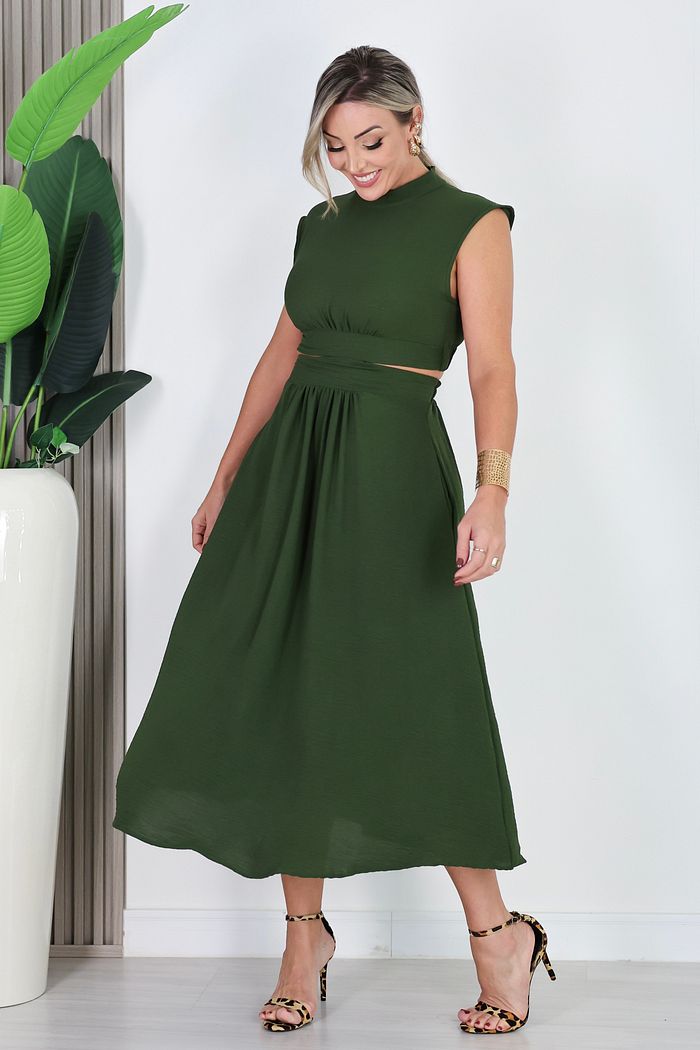 VESTIDO LONGUETE C/ RECORTES HELENA - VERDE MILITAR