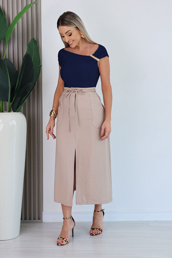 BLUSA C/ FIVELA DOURADA LIANA - AZUL MARINHO