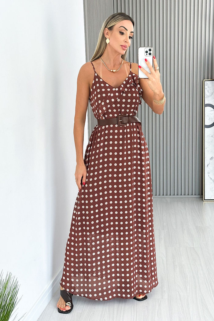 VESTIDO LONGO MARROM C/ POÁ CÁSSIA