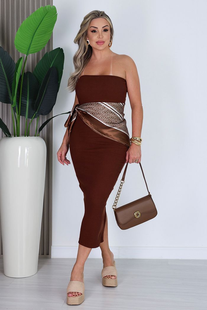 VESTIDO CANELADO TOMARA QUE CAIA KIRA - MARROM