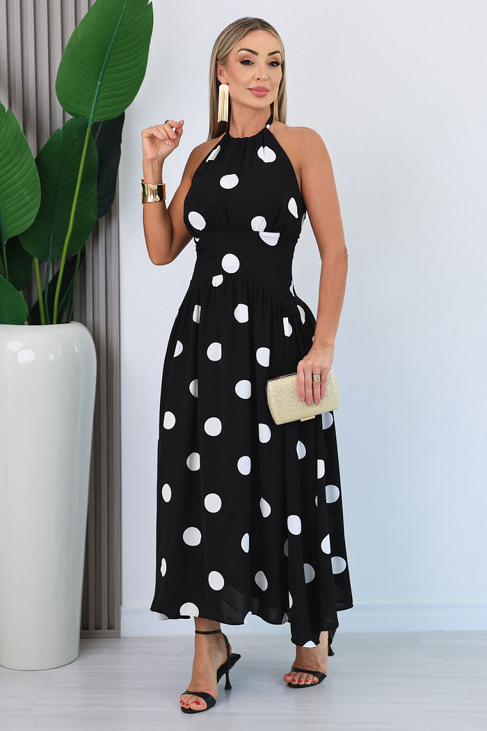 VESTIDO LONGUETE C/ AMARRAÇÃO JEANI - PRETO C/ POA