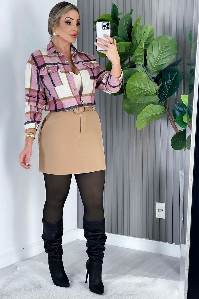 CAMISA MANGA LONGA FLANELADA ARIELE - XADREZ ROSA C/ OFF