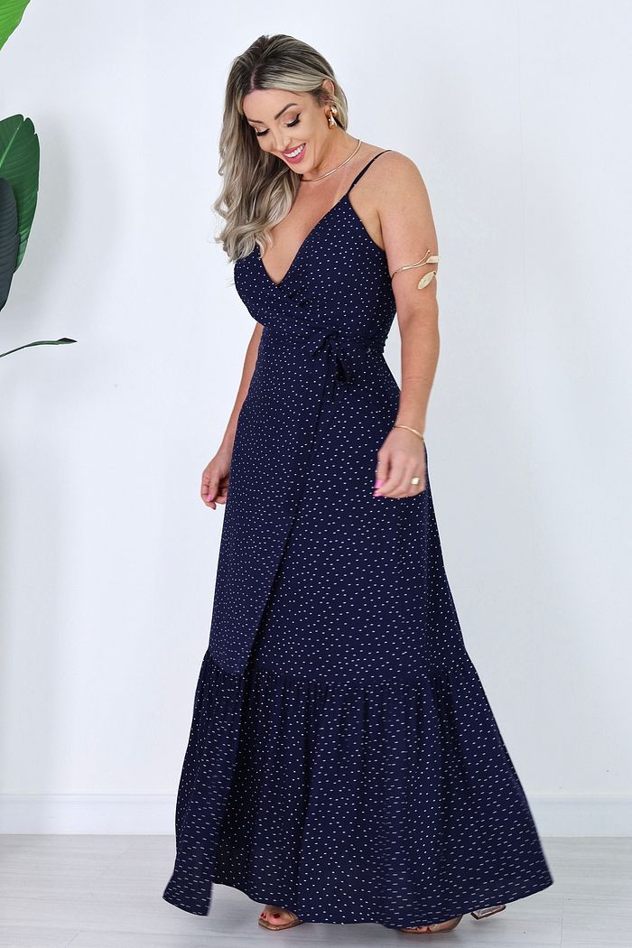 VESTIDO LONGO TRANSPASSADO RAMONA - AZUL MARINHO C/ POÁ