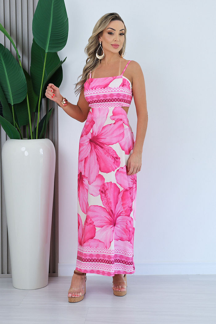 VESTIDO ALÇA FINA CARMELA - FUNDO ROSA