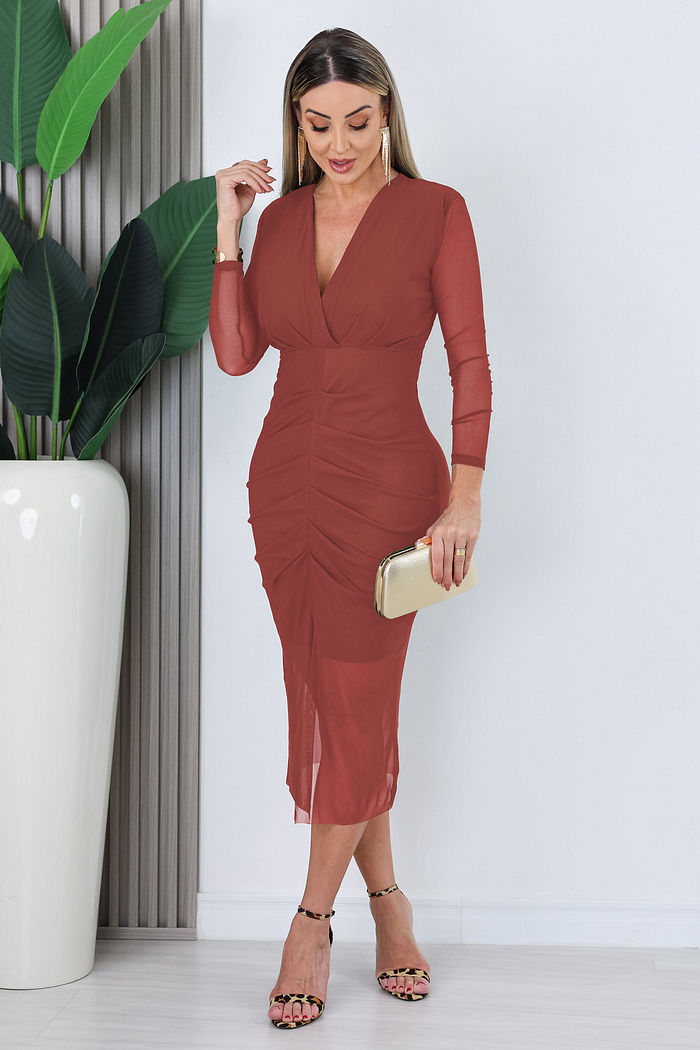 VESTIDO MIDI DE TULE NATI - TELHA