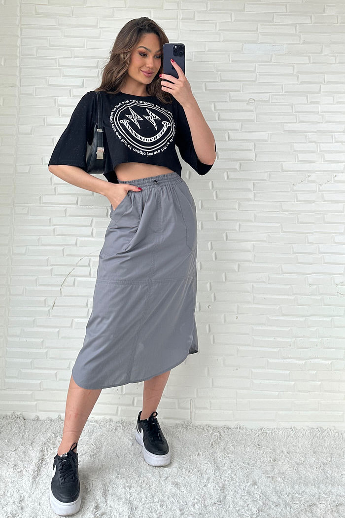 Saia Midi Tricoline Cinza Mescla