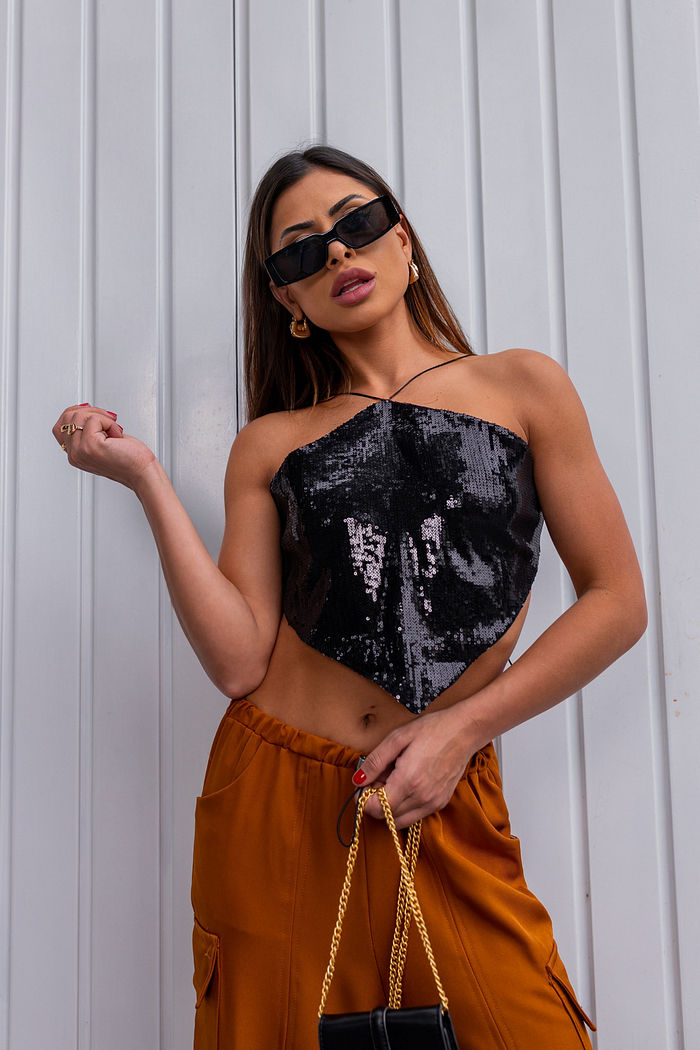 Top Cropped Ponta Paetê Preto