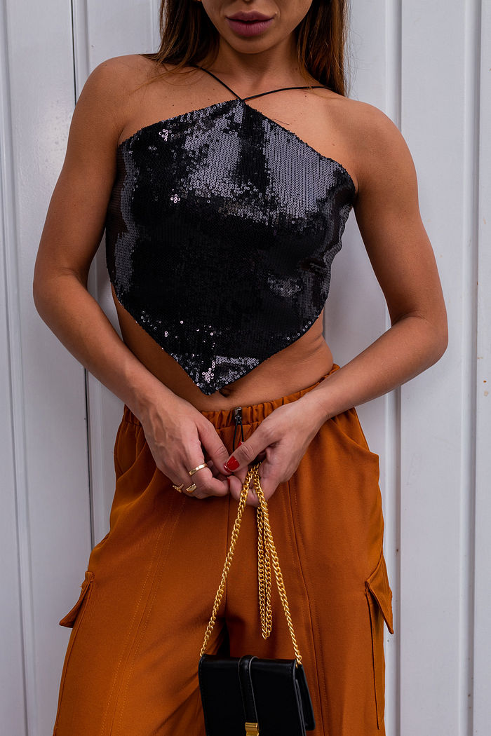 Top Cropped Ponta Paetê Preto