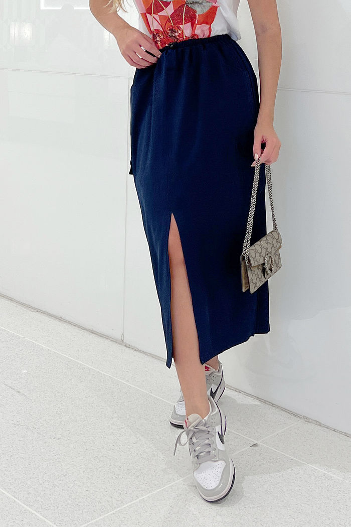 Saia Midi Cargo Fenda Alfaiataria Marinho