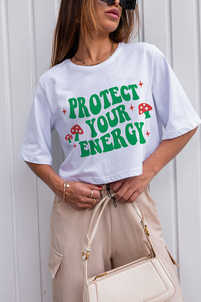 Tshirt Cropped Energy Cogumelos Branco