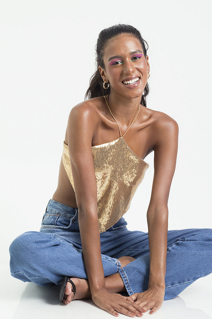 Top Cropped Ponta Paetê Dourado