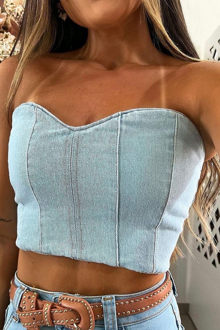 Corset Cropped Jeans Tomara Caia Azul Claro
