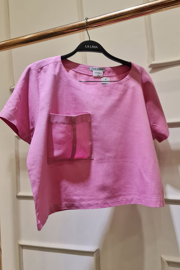 Blusa Cropped Bolso Linho Rosa