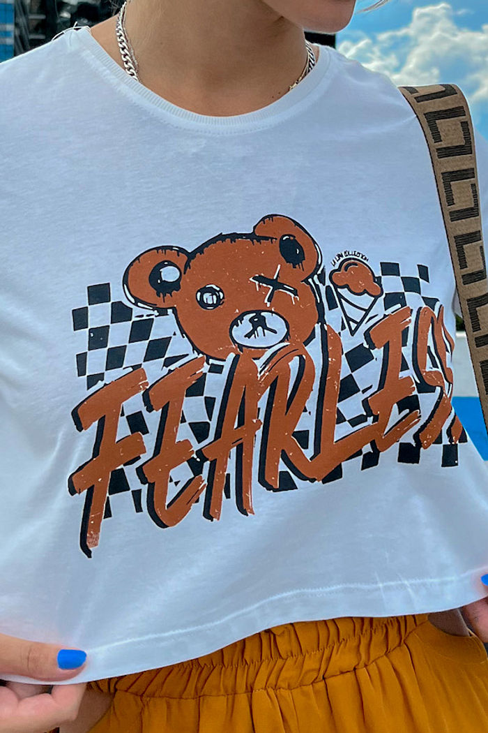 Tshirt Cropped Teddy Fearless Branco