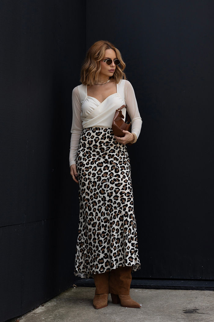 Saia Midi Longa Animal Print Bege