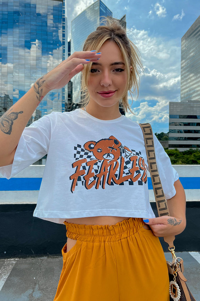 Tshirt Cropped Teddy Fearless Branco