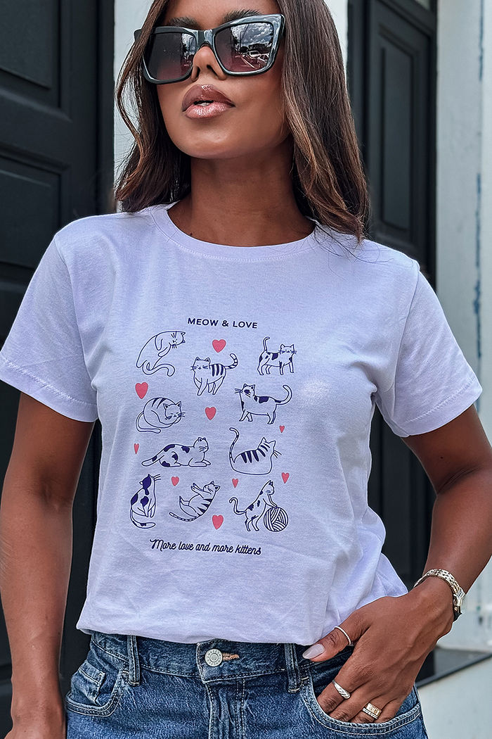 T-Shirt Meow & Love DTF - Branco