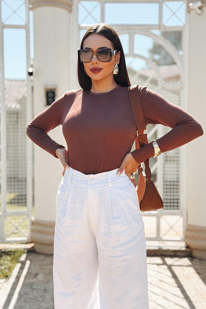 Blusa Giovana Manga Longa Viscolycra - Marrom