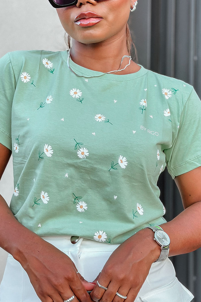 T-Shirt Margaridas Poá - Verde Chá