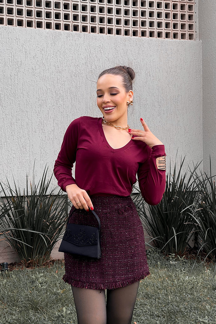 Blusa Milena Manga Longa Gola V com Punho - Borgonha