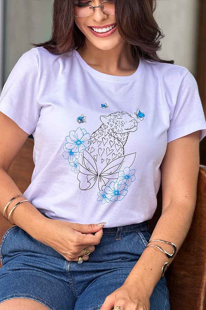 T-Shirt Onça e Borboleta - Branco