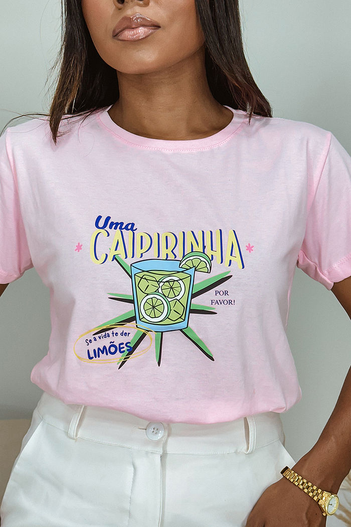 T-Shirt Uma caipirinha por favor DTF - Rosa bebê