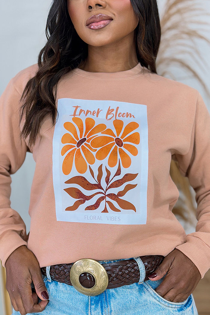 Moletom Gola Careca Inner Bloom DTF - Amêndoa