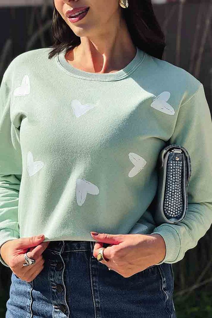 Moletom Gola Careca Corações preenchidos poá DTF - Verde chá