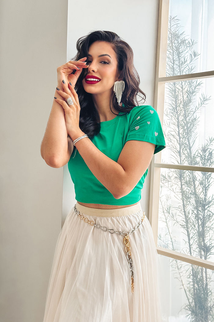 T-Shirt Corações Desenhados poá na manga - Verde Bandeira