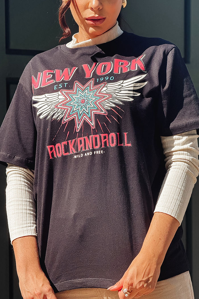 Max Tee Unissex New york rock and roll - Preto