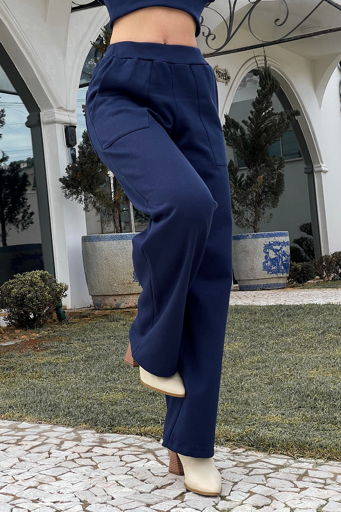 Calça Wide Leg moletom com bolso - Petróleo