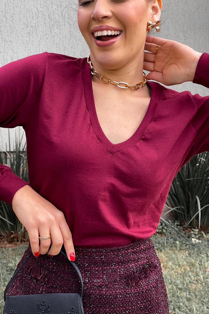 Blusa Milena Manga Longa Gola V com Punho - Borgonha