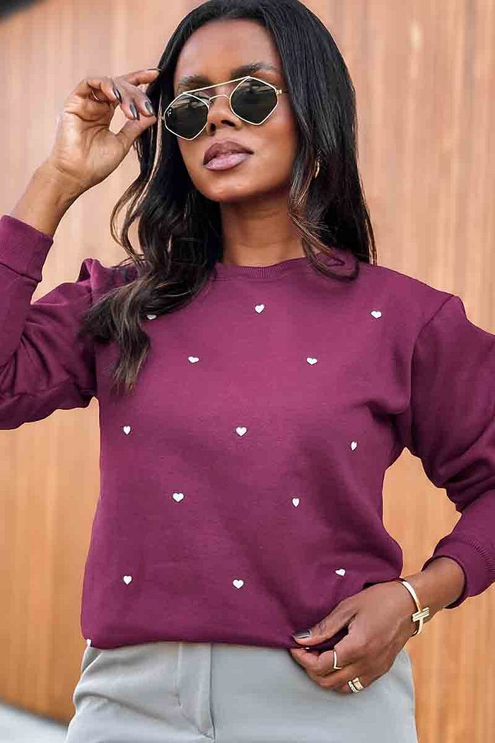 Moletom Gola Careca Corações pequenos poá - Bordô