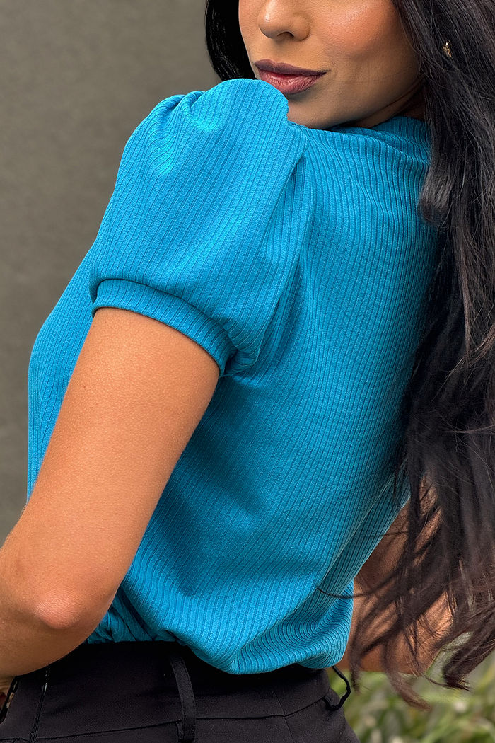 Blusa Bela Manga Princesa Canelada Azul Jeans