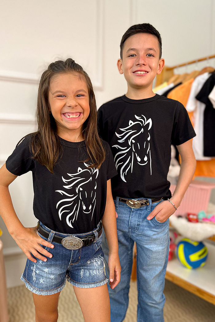 T-Shirt Infantil Cavalo DTF - Preto