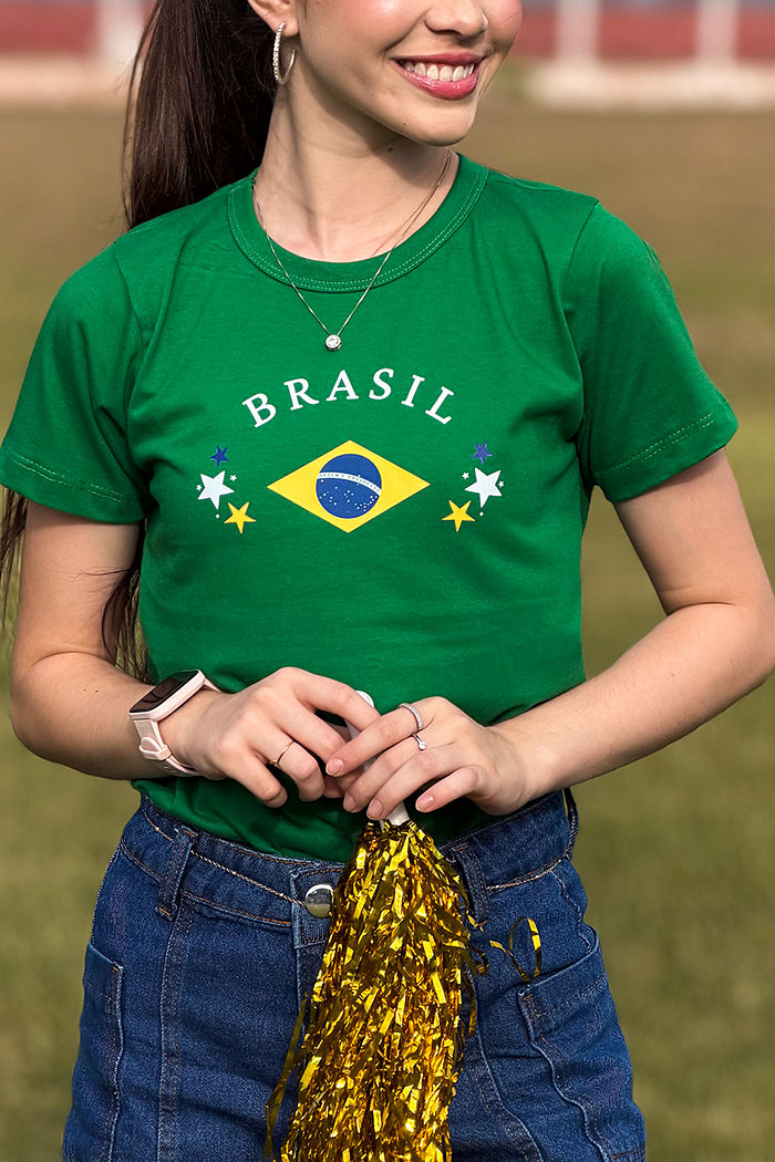T-Shirt Infantil Brasil - Bandeira 03 Estrelas DTF - Verde Bandeira