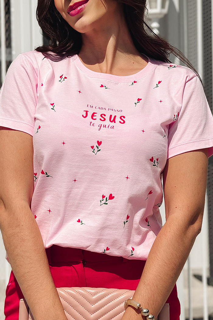 T-Shirt Em cada passo Jesus te guia poá - Blush