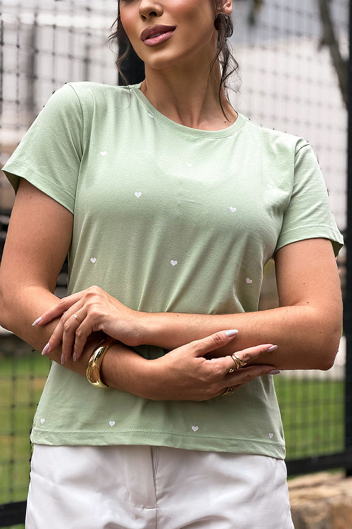 T-Shirt Corações pequenos poá - Verde chá