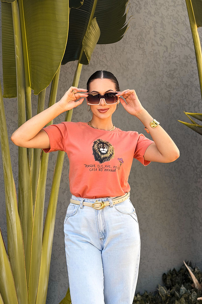 T-Shirt Porque Ele vive- Leão de Judá DTF - Abobora