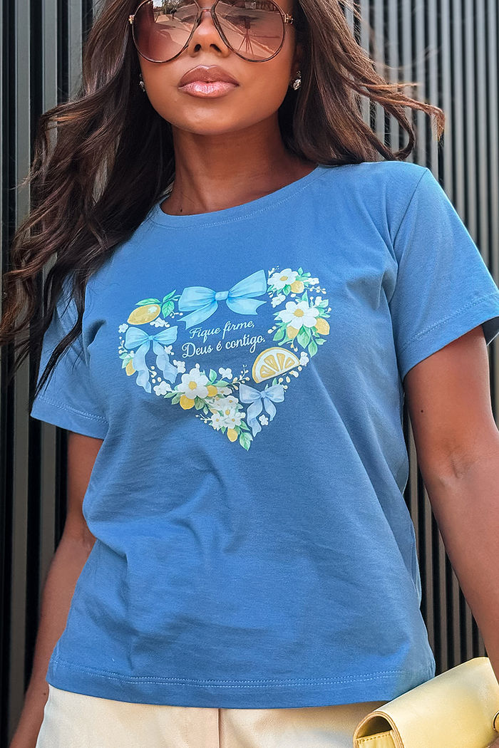 T-Shirt Fique firme, Deus é contigo DTF - Azul médio