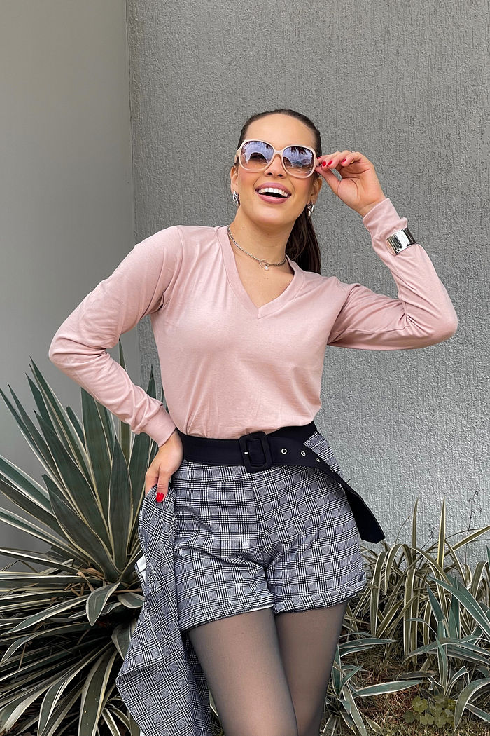 Blusa Milena Manga Longa Gola V com Punho - Bege