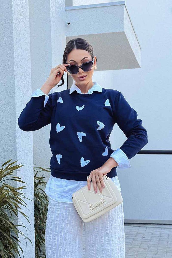 Moletom Gola Careca Corações preenchidos poá DTF - Azul Petróleo