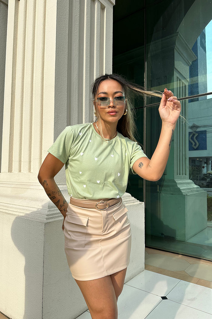 T-Shirt Corações desenhados poá - Verde chá